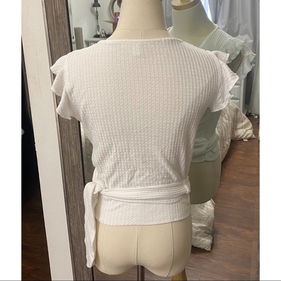 miami | Wrap Front Surplice V Neck Ruffle Cap Sleeve Waffle Knit Blouse - Picture 3 of 12